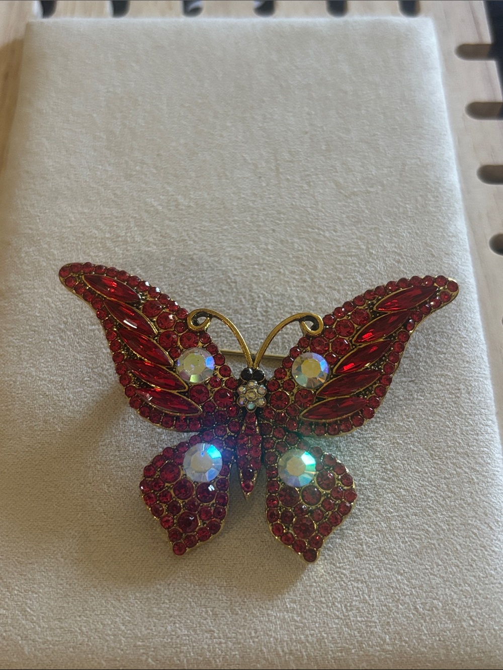 Gold-Tone Red Crystal Butterfly Brooch